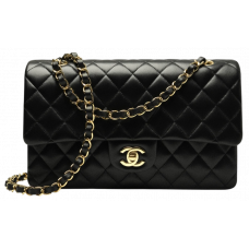 Брендовая женская сумка Chanel Classic 2.55 Medium Double Flap Black/Gold - C469 - 11636