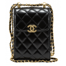 Брендовая женская сумка Chanel Pearl Crush Phone Case With Chain Lambskin Black/Gold - P10123-A0256
