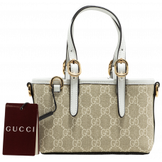 Брендовая женская сумка Gucci GG Emblem Mini Bag in Beige and White Monogram Coated Canvas - A0445
