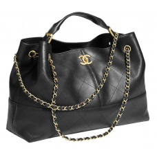 Брендовая женская сумка Chanel Hobo Shopping Tote Bag Black | Вместительная стильная сумка из натуральной кожи - C596
