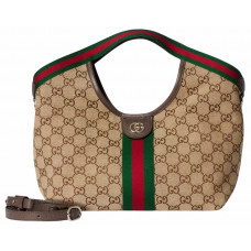 Брендовая женская сумка Gucci Giglio Small Tote Bag Beige and Brown GG Canvas - G608