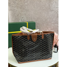 Брендовая женская сумка Goyard Saint Louis PM Tote Bag in Black/Tan Coated Canvas - G625