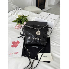 Chanel 22 Mini Calfskin Hardware Black/Silver - брендовая женская сумка со стеганым узором и металлической цепочкой (P10146)