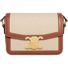 Брендовая женская сумка Celine Classique Triomphe Teen Crossbody Bag in Textile and Calfskin Natural/Tan - #art0158