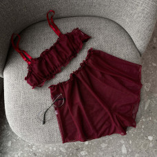 Комплект женского белья из сетки: топ и шортики (бордовый)